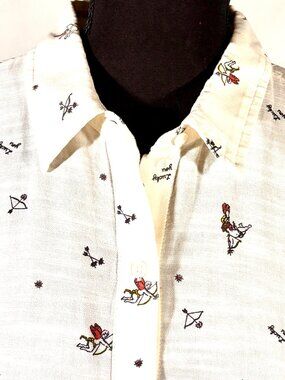 Lucky Brand Button Down Shirt Women’s L White Cupid Print Cotton EUC